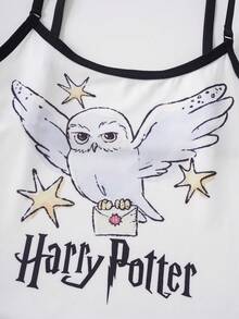 HARRY POTTER X SHEIN 女士字母卡通印花吊带背心和短裤内衣套装 - 白色 - 查看 4