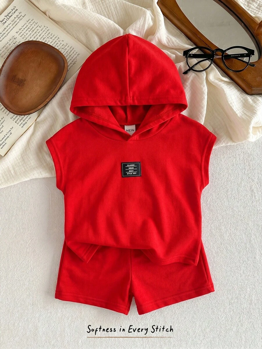 Cozy Pixies 两件套儿童男女宝宝灰色连帽衫T恤和宽松短裤套装,柔软针织面料,休闲舒适,适合外出、居家、上学等多种场合。 - 紅色 - 查看 1