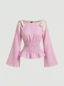 SHEIN MOD 女士撞色领结长袖衬衫 - 粉色 - 查看 2