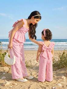 2 Pieces Baby Girl Summer Casual Color-Blocked Ruffled Shirt And Trousers Set - Baby Pink - View 8