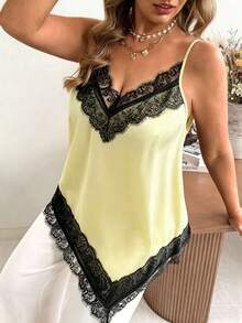 Vionelle 大尺碼女款休閒度假優雅V領背心，不對稱純色梭織緞面，約會之夜奶油黃夏季款 - 淡黃色 - 查看 3