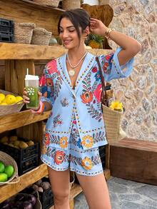 Louniche Light Blue Floral Two Pieces Set,Summer Boho Short-Sleeve Blazer & Shorts,Beach Vacation Holiday,Gold Button Accents,Colorful Prints Casual Outfits - Multicolor - View 3