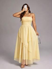 Viva Relle Plus Size Elegant Mesh Strap Party Dress - Yellow - View 3