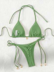 Swim Basics 2025 Solid Color Halter Knotted Split Bikini Swimwear - Green - View 3