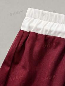 SHEIN 青少年女孩對比色半拉鍊短袖休閒夏季百搭T恤套裝 - 酒紅色 - 查看 8