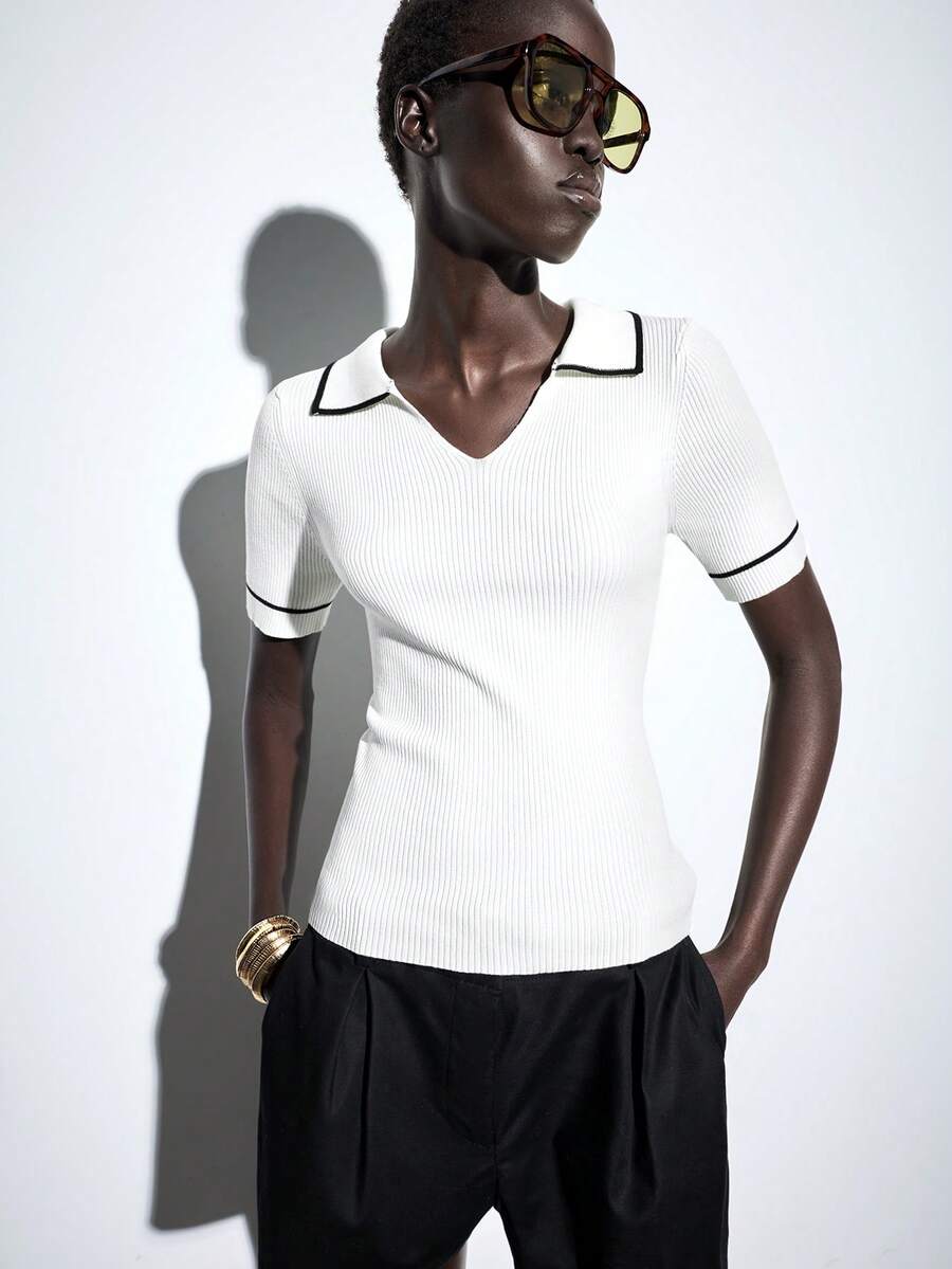 Lumivelle Elegant Classy V-Neck Contrast Trim Knit Top Back-To-School Office Black And White Summer - Beige - View 1