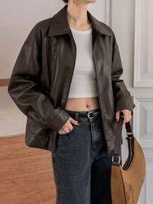 DAZY Oversized Turndown Collar Zipper Motorcycle Faux Leather Jacket, Casual Unisex Women Coats - Brown - View 5