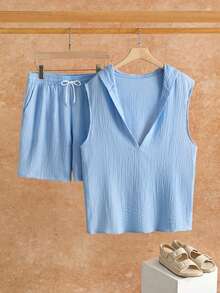 VENTUSAIL Bộ đồ nam mùa hè kiểu dáng thường ngày, áo khoác có mũ và quần short, chất liệu vải dệt họa tiết, có dây rút. - Màu xanh lam - Xem 3