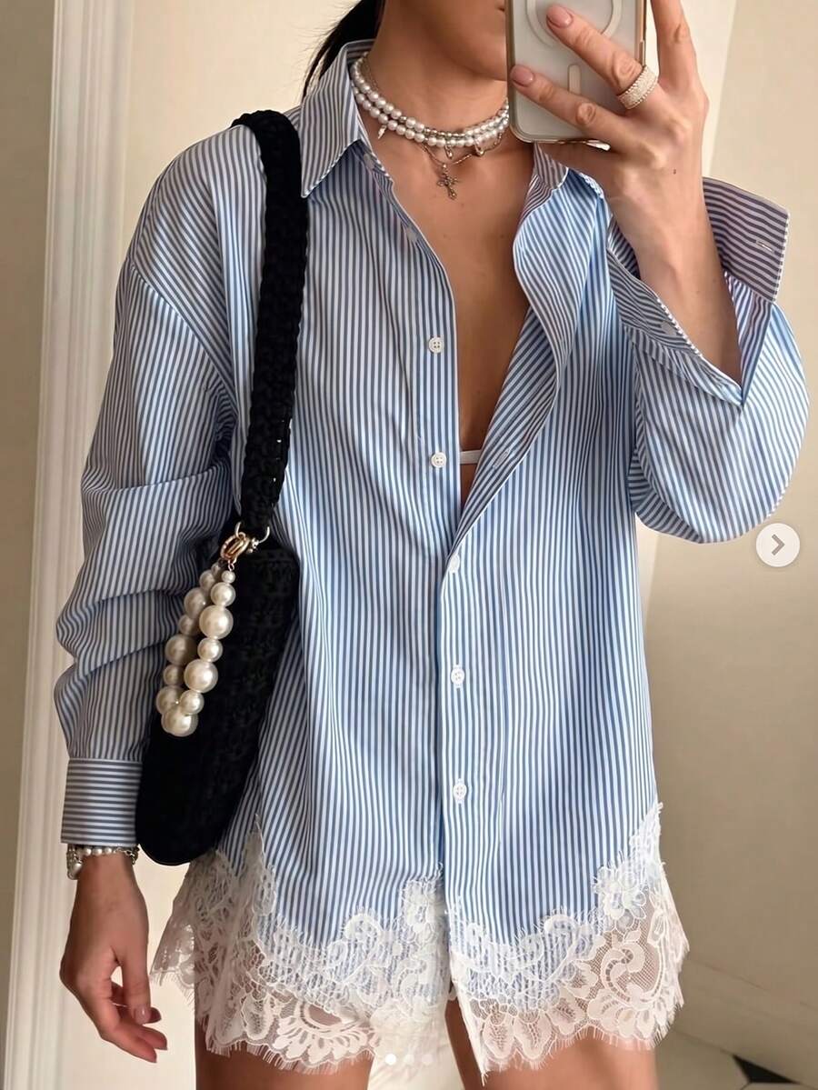 Firerie Áo sơ mi ren kẻ sọc xanh trắng thanh lịch dành cho nữ, thích hợp mặc hàng ngày hoặc đi nghỉ mát / Áo sơ mi ren ghép mảnh / Áo sơ mi ren kẻ sọc xanh trắng - Xanh và trắng - Xem 1