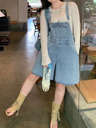 Dazy Plus Nuevos shorts de peto vaqueros de unicolor vintage de estilo casual de vacaciones para mujer, talla grande, primavera/verano
