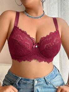 DesireSculpt Christmas Lace Patchwork Plus Size Underwire Bra - Burgundy - View 7