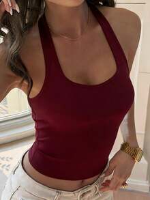 DAZY 女款細肩帶修身背心，度假風夏季 Y2K - 酒紅色 - 查看 5