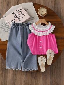 SHEIN Elladie kids 两件套女童休闲时尚荷叶边圆领宽松刺绣蕾丝印花背心上衣+牛仔喇叭裤刺绣裤脚套装，适合度假、旅行、日常穿着，夏季 - 玫紅色 - 查看 4