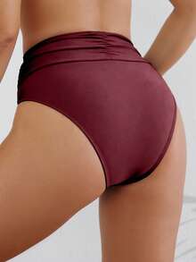 Swim Basics 女士夏季沙滩纯色不对称腰部比基尼泳裤 - 酒紅色 - 查看 2
