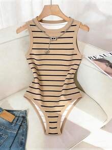 GlowEve Women's Summer Black Striped Bodysuit,Basic Casual Everyday Round Neck Camisole,Knit Fitted Sleeveless Bodysuit For Vacation Beach & Daily Wear - Khaki - View 3