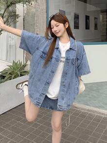 DAZY 女款牛仔翻領韓風短袖襯衫與短褲兩件套 夏季 - 藍色 - 查看 7