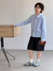 DAZY Camisa de manga larga con cuello y rayas para niños talla grande - Azul - Ver 4