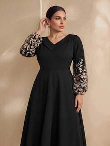 Graceveil Elegant Solid Color Patchwork Mesh Embroidered Off-Shoulder Long Sleeve Cinched Waist A-Line Plus Size Dress, Spring/Autumn Black - View 5