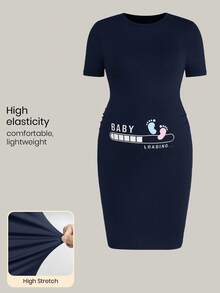 Modmama Vestido de verano de maternidad con cuello redondo y manga corta con estampado lindo - Azul Marino - Ver 1