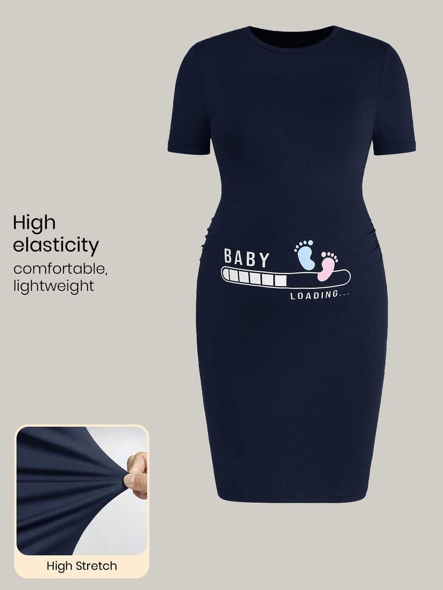 Modmama Vestido de verano de maternidad con cuello redondo y manga corta con estampado lindo - Azul Marino - Ver 1