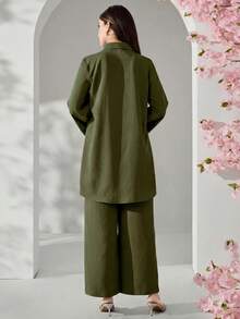 Veilorie Damen elegantes Set aus einfarbiger Bluse und Hose, 2-teilig - Armeegrün - Übersicht 2