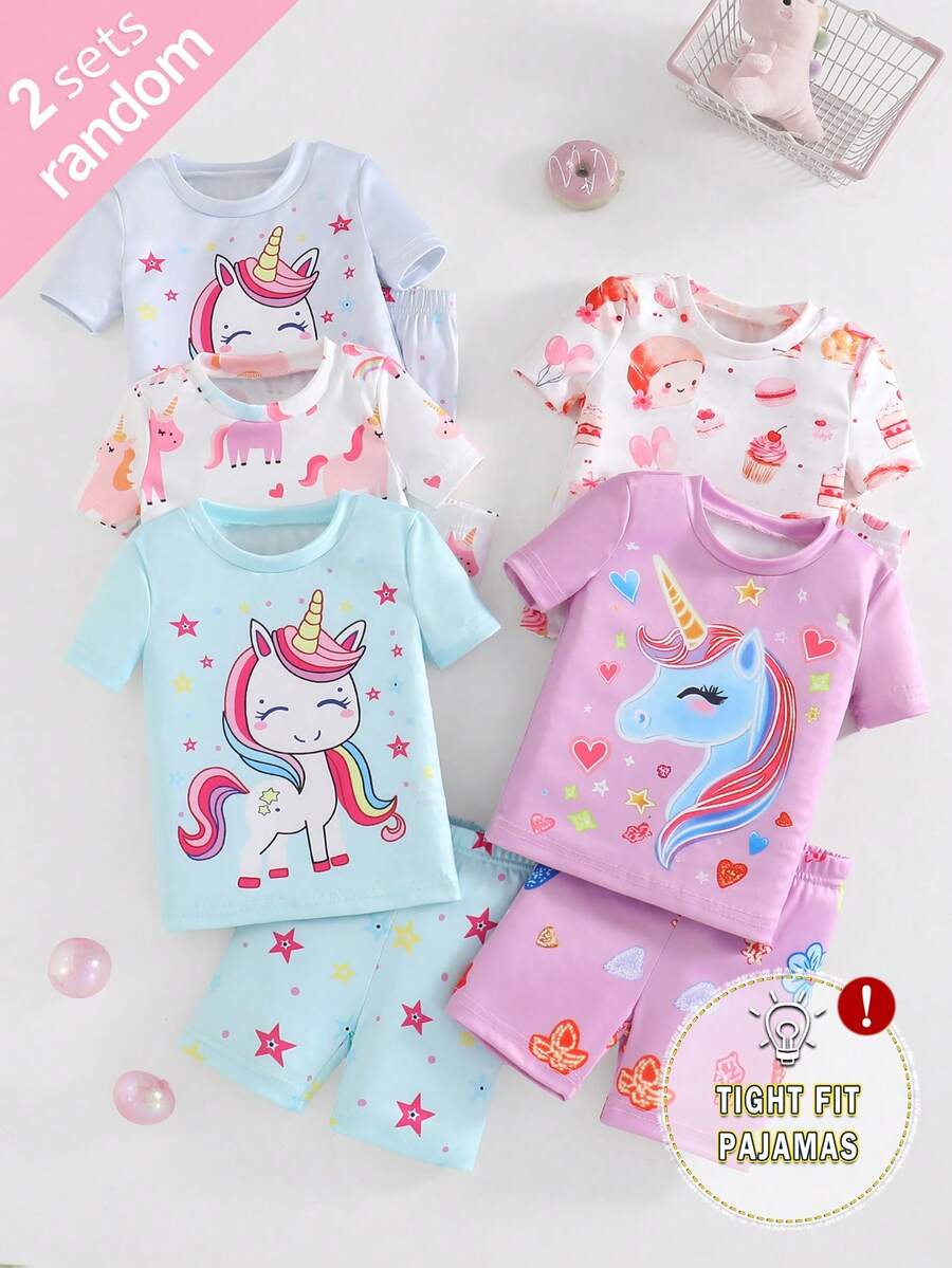 SHEIN 2 Sets/Pack Baby Girls Unicorn Cartoon Print Short Sleeve Shorts Knit Snug Fit Pajamas Sets - Multicolor - View 1