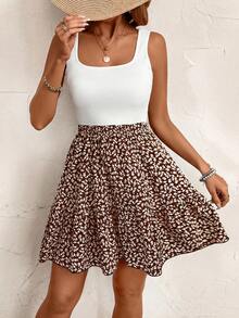 SHEIN Frenchy Summer Vacation Ladies' Floral Pattern Sleeveless A Line Waist-Cinching Dress - Brown - View 5