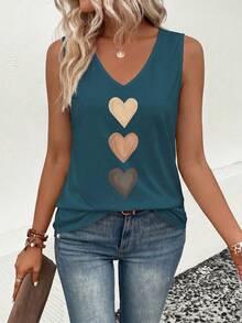 EMERY ROSE Nuevo top de tirantes casual y versátil con cuello en V y estampado de corazón degradado para mujer, primavera/verano - Agua verde azul - Ver 3