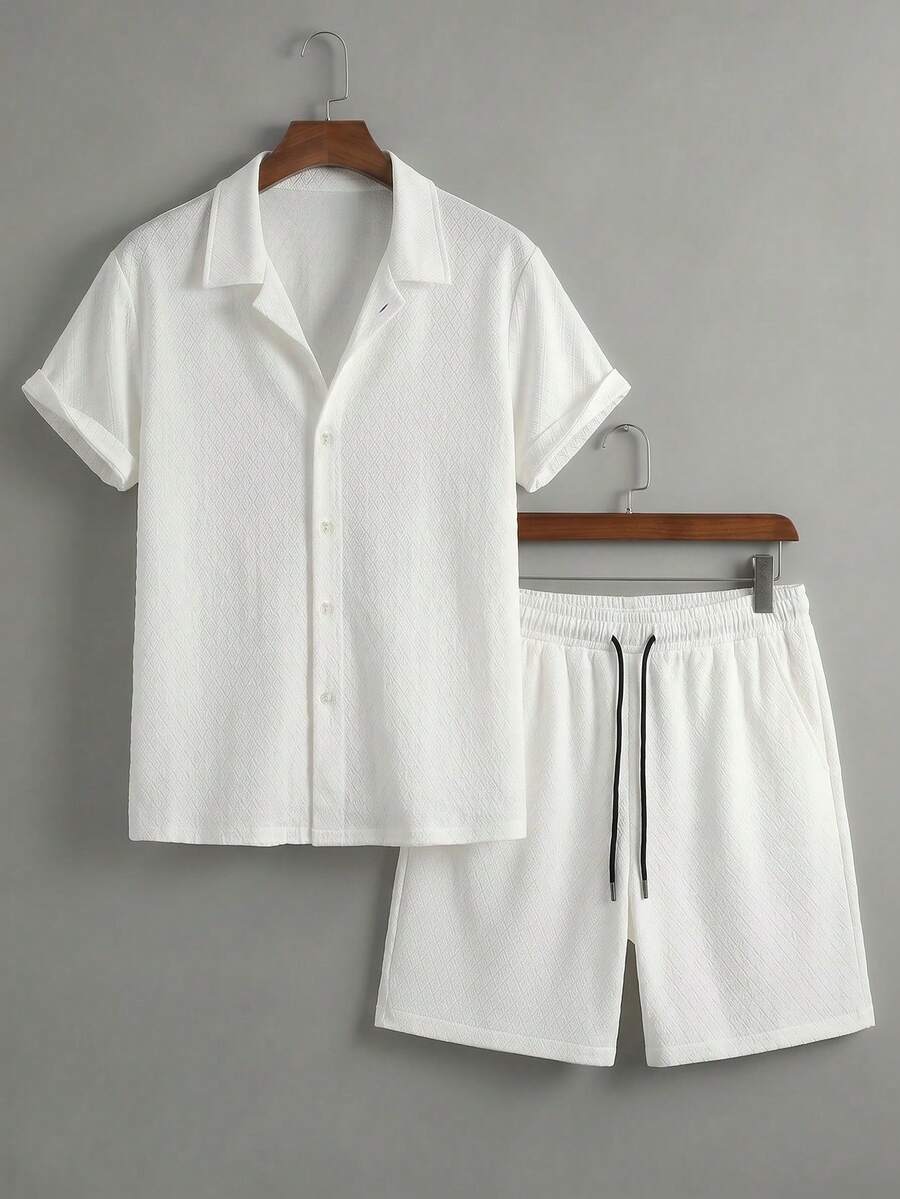 Manfinity Homme Men's Casual Solid Color Shirt & Drawstring Shorts Set - White - View 1