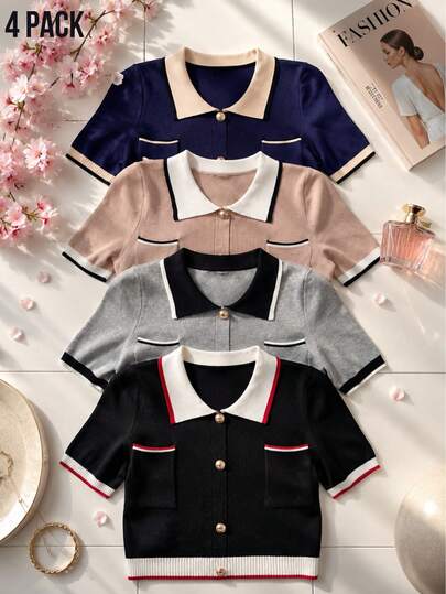 Set de 4 camisetas semiajustadas para mujer. Casuales y elegantes, multicolor. Cuello tipo camisero. Botones frontales elegantes decorativos, silueta semiajustada, manga corta, colores lisos sin estampados. Tela tipo canalé de poliéster y elastano, interior fresco y ligero. Ideales para el uso diario. Pequeños bolsillos frontales funcionales. Te llegarán 4 camisetas en colores al azar.