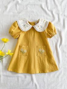 Vintaside Kids 新生女宝宝花卉刺绣连衣裙，乡村风格时尚优雅百搭可爱春夏柔软面料 - 黃色 - 查看 4