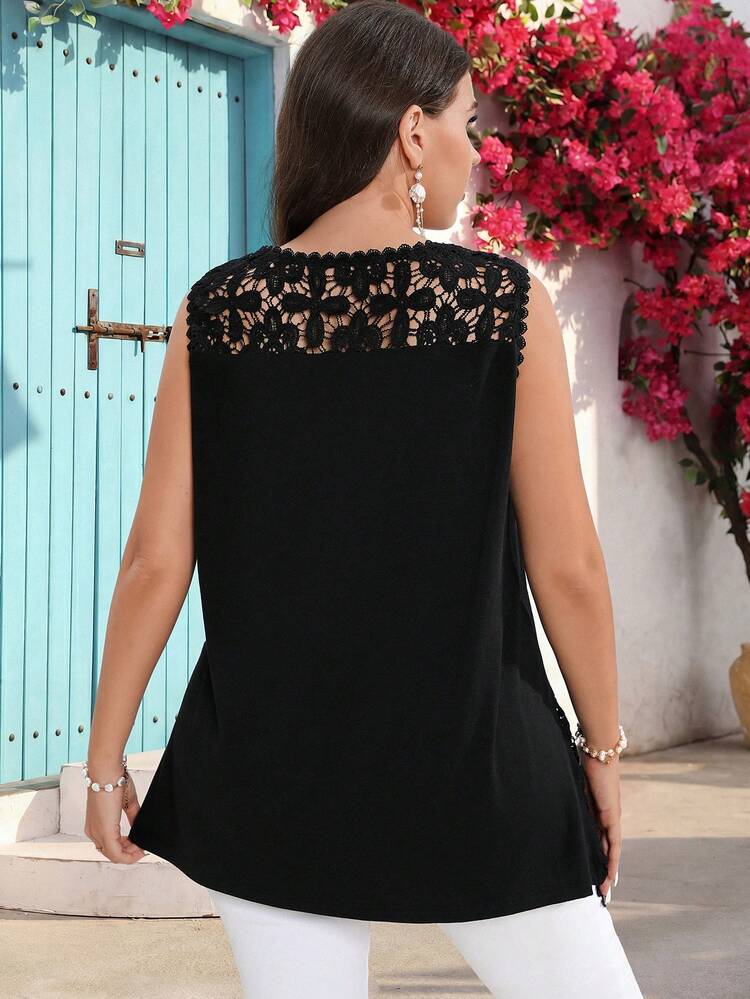 Plus Size Women Summer Casual Vacation Lace Patchwork Solid Black Camisole Tank Top,Daily Wear Vest, Boho Top,Going Out Outfits,Festa Junina