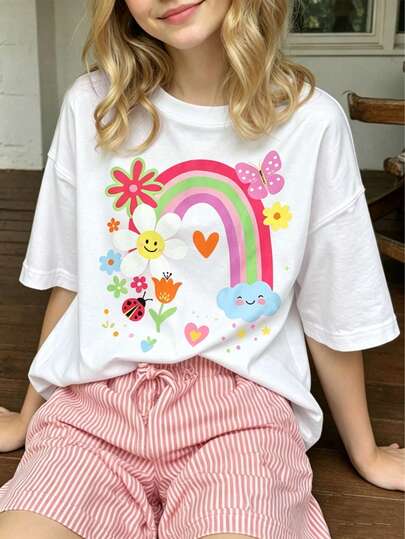 Girls' tops, casual, cute and fashionable printed patterns, daily vacation and travel outfits, teenage girls' clothes, shirts for girls' mothers and daughters to match.