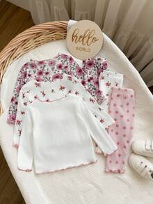 6-Piece Newborn Baby Girl Cute Casual Knitted Polka Dot Pattern Pink Long Sleeve Set For Spring, Autumn And Winter - Multicolor - View 2