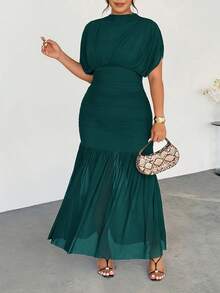 Firerie Plus Size Women's Elegant Dark Green Autumn Wedding Guest Dress,Delicate Sheer Mesh 2 In 1 Charming Extra Long Maxi Party Dress - Green - View 3