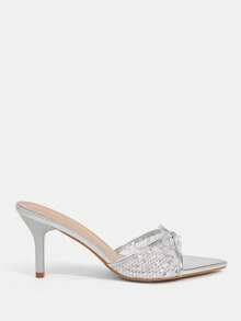 CUCCOO TILAWA Women's Fashion Light Silver Rhinestones, Satin Pointed High-Heeled Sandals, Commuting, Parties, Vacations, Spring And Summer Stiletto Slippers - Light silver. - View 4