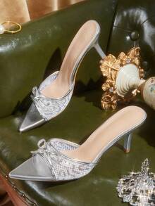 CUCCOO TILAWA Women's Fashion Light Silver Rhinestones, Satin Pointed High-Heeled Sandals, Commuting, Parties, Vacations, Spring And Summer Stiletto Slippers - Light silver. - View 1