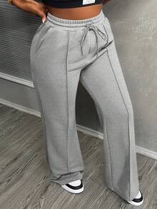 Slaydiva Women's Casual Solid Color Drawstring Waist Sweatpants - Light Grey - View 6