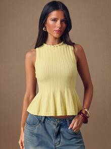 SHEIN BAE 女士休闲荷叶边针织上衣 - 淡黃色 - 查看 5