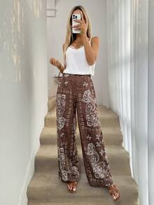 SHEIN Tall CURVE Quần dài ống đứng in họa tiết cỡ lớn dành cho nữ, thích hợp cho kỳ nghỉ, du lịch, lễ hội âm nhạc, trang phục thường ngày, kỳ nghỉ xuân/hè/phong cách bohemian/quần ống rộng bohemian gợi cảm, quần ống rộng nữ, trang phục mùa xuân cho nữ, quần phong cách bohemian, trang phục đi biển lễ Phục sinh, trang phục đi nghỉ mát cho nữ. - Nhiều màu - Xem 10