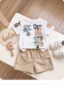 SHEIN 2 Peças Conjunto de Roupa de Verão para Bebê Menino, Top de Manga Curta com Gola Careca e Estampa de Letra Cartoon Branca, e Shorts Lisos, Roupas Casuais e Elegantes para Passeio na Cidade para Bebê Menino - Damasco - Visão 10
