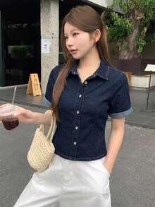 DAZY 女款韓式修身休閒牛仔上衣，夏季 - 藍色 - View 4