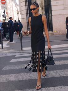 Maija Women's Solid Color Tassel Hem Round Neck Fitted Sleeveless Dress Chic Dresses For Women,Summer Dresses For Women - Black - View 1