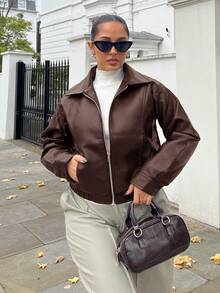 NegzBox Chaqueta de mujer de manga larga con solapa de unicolor y PU, chaqueta de cuero de otoño - Rojo - Ver 1