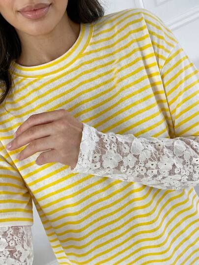 Mulvari Damen Casual Urlaubs Farbblock gestreifter Muster Kontrast Spitze Langarm Fake Zweiteiler T-Shirt, Frühling/Sommer/Herbst