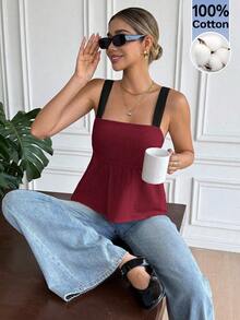 Serisse Contrast Color Backless Tie-Front Casual Summer Tank Top - Burgundy - View 3