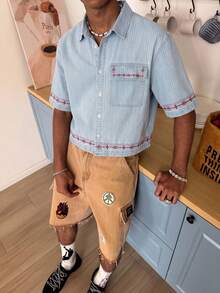 STEELVANCE Áo sơ mi denim ngắn tay nam tay ngắn, thêu họa tiết sọc xanh dương, phong cách đường phố thường ngày. - Rửa nhẹ - Xem 5