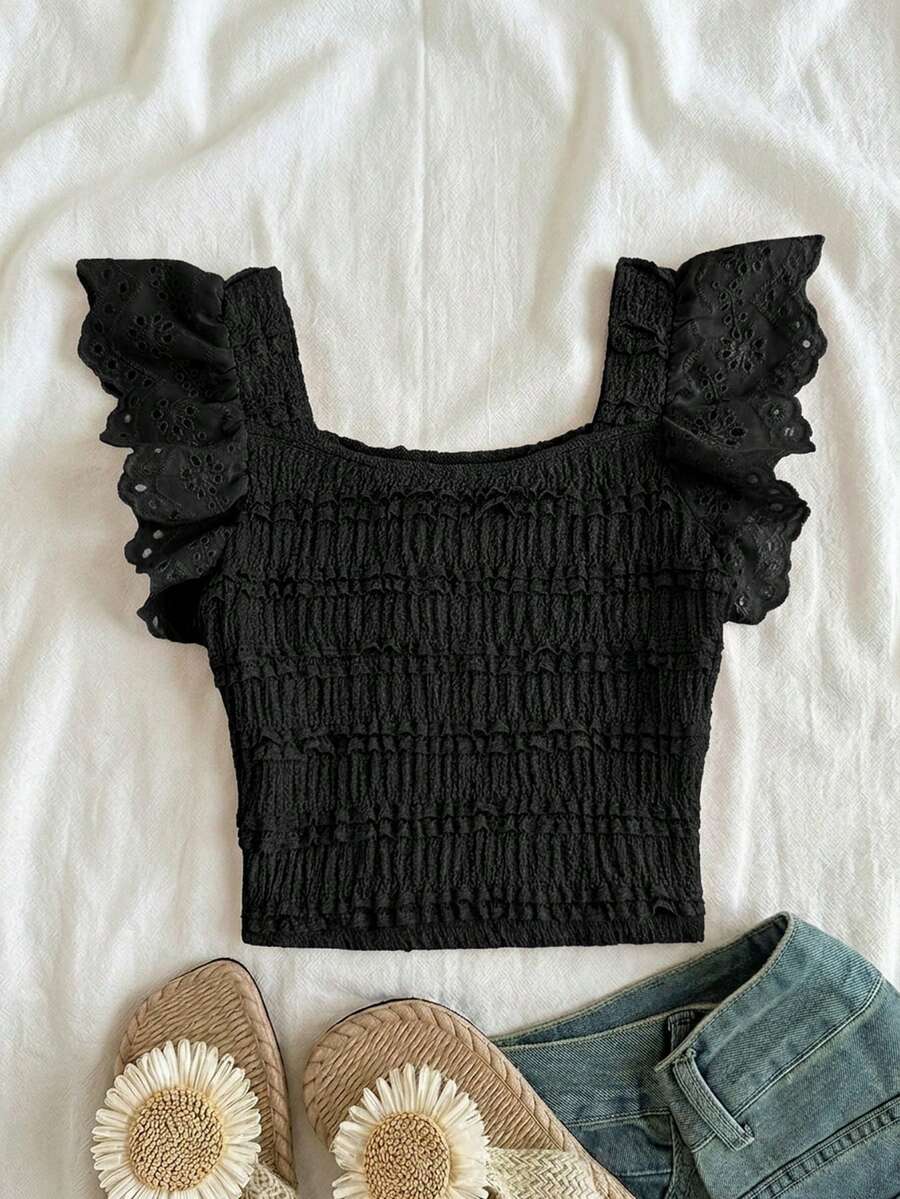 SHEIN 少女纯色褶皱休闲百搭日常上衣 - 黑色 - 查看 1