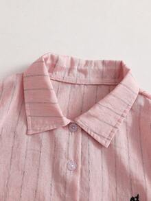 SHEIN 少女春秋季休闲度假日常通勤刺绣条纹印花长袖衬衫和阔腿裤套装 - 粉色 - 查看 3