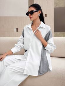 Mulvari Women's Gray White Splice Long Sleeve Blouse, Loose Fit Casual Shirt For Work Office Autumn - White - View 7